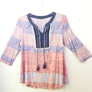 RBX bohemian tassel tunic top crochet trim M boho